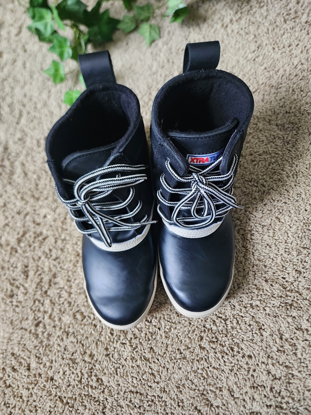 Waterproof Black & Cream Lace-Up Winter Rain Boots - Picture 7 of 13
